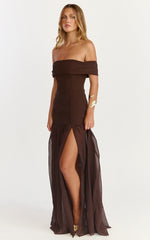 Florence Maxi Dress - Off Shoulder Sheer Skirt Dress in Chocolate