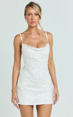 Alana Mini Dress - Sequin Lace Cowl Neck Dress in White