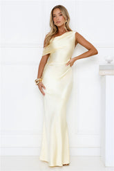 She's A Dream Satin Off Shoulder Maxi Dress Yellow