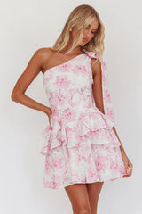 Like Me One-Shoulder Layered Mini Dress Floral Pink