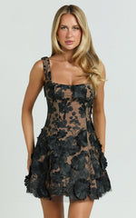Sienna Mini Dress - 3D Floral Fit And Flare Dress in Black