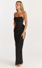 Phoebe Maxi Dress - Strapless Structured Bodice Drape Skirt Dress in Black