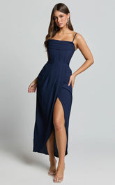 Andrina Midi Dress - High Low Wrap Corset Dress in Navy