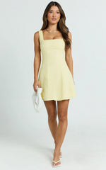 Adiana Mini Dress - Linen Square Neck Shirred Back A Line Dress in Lemon
