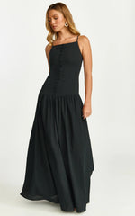 Cortez Maxi Dress - Square Neck Button Down Dropped Waist Dress in Black