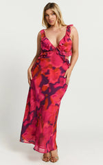 Alessa Maxi Dress - V Neck Frill Detail Empire Waist Back Cut Out Dress in Adeana Print