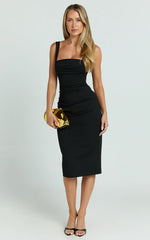 Tiffy Midi Dress - Square Neck Ruched Bodycon Dress in Black