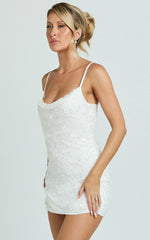 Alana Mini Dress - Sequin Lace Cowl Neck Dress in White