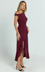 Judee Midi Dress - One Shoulder High Side Split Dress in Wine