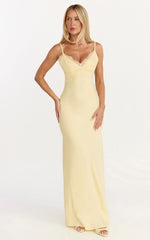 Kyra Maxi Dress - Lace Bust And Tie Back Satin Dress in Lemon