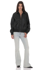 Woven Faux Leather Bomber Jacket in Black