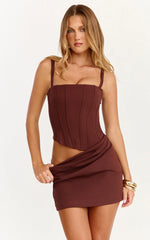 Jonas Mini Dress - Corset Bodice Draped Waist Skirt Dress in Chocolate