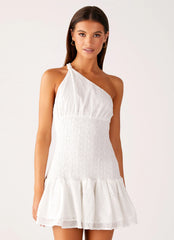 Hestia Drop Waist Shirring Mini Dress - White