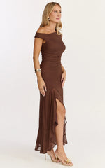Judee Midi Dress - One Shoulder High Side Split Dress in Chocolate