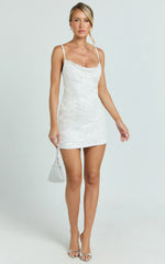 Alana Mini Dress - Sequin Lace Cowl Neck Dress in White