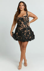 Sienna Mini Dress - 3D Floral Fit And Flare Dress in Black