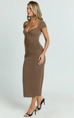 Elia Midi Dress - Cap Sleeve Sweetheart Underwire Fitted Dress in Brown