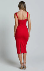 Tiffy Midi Dress - Square Neck Ruched Bodycon Dress in Scarlet