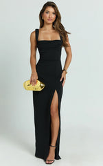 Donna Maxi Dress - Cowl Neck Column High Split Dress in Black