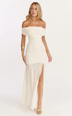 Alanna Maxi Dress - Off Shoulder Ruched Mesh Dress in Cream