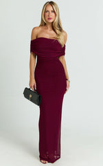 Caterina Maxi - Ruched Off Shoulder Mesh Dress in Wine
