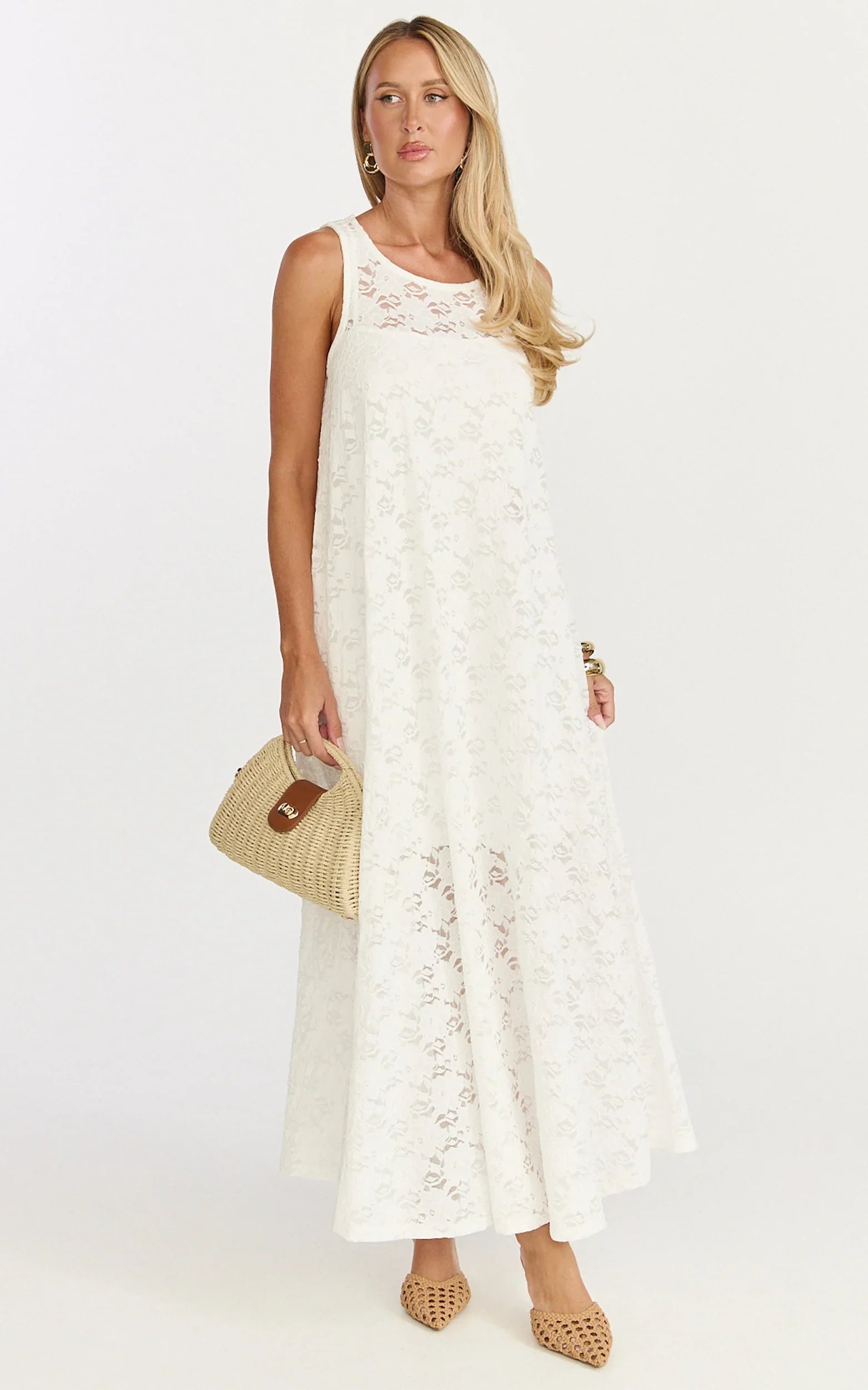 Bella Maxi Dress - Lace Shift Dress in Off White