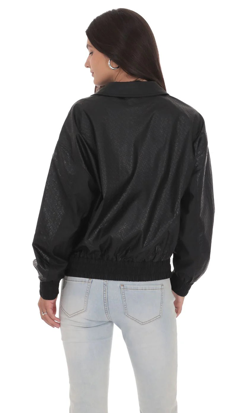 Woven Faux Leather Bomber Jacket in Black
