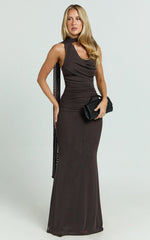 Larson Maxi Dress - Asymmetric Tie Neck Column Dress in Chocolate