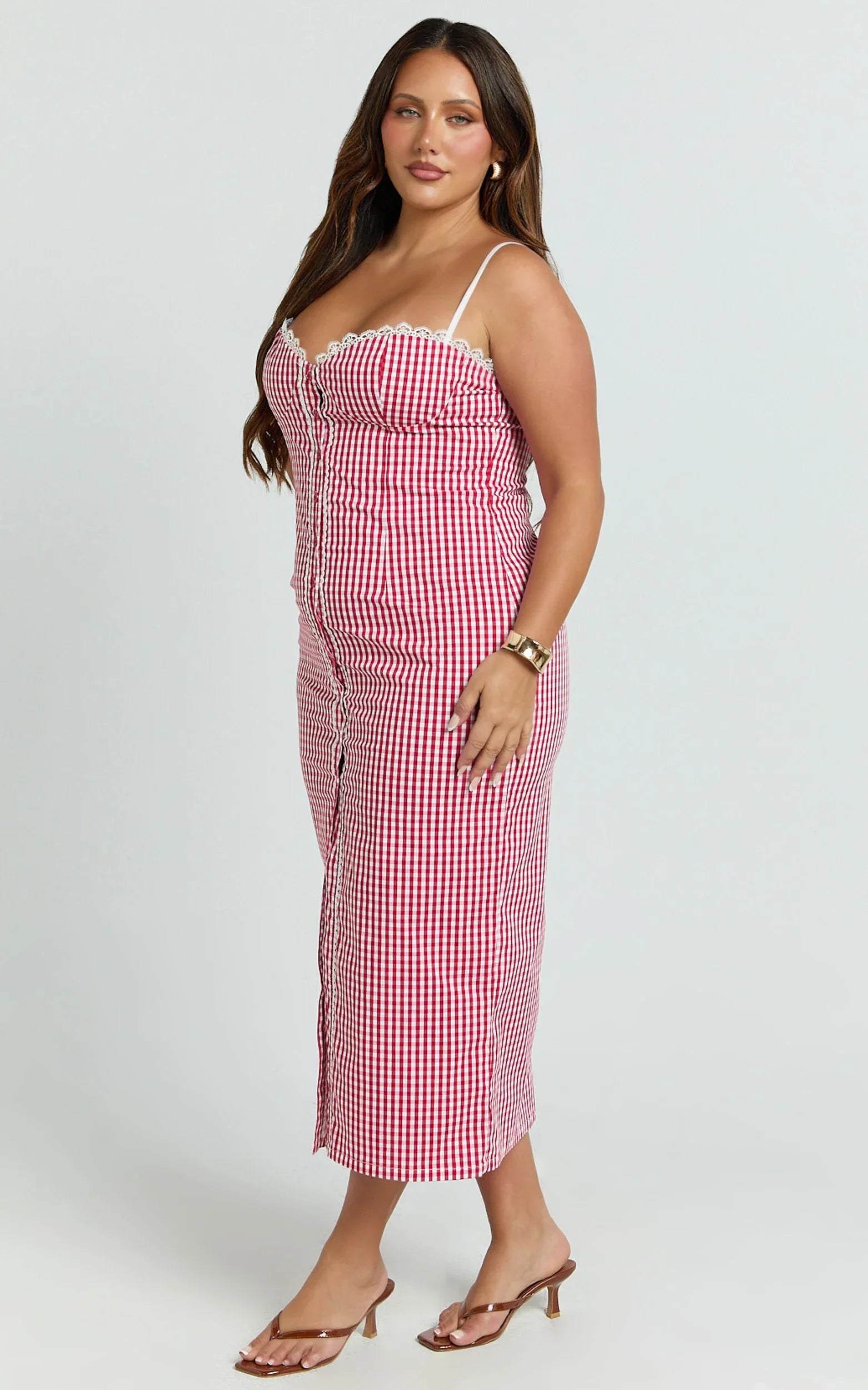 Anessa Midi Dress - Button Front Bustier Fitted Dress in Red Gingham