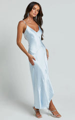 Ylona Maxi Dress - Asymmetric Draped Bias Cut Satin Slip Dress in Ice Blue