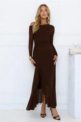 Chic Mesh One Shoulder Maxi Dress Brown