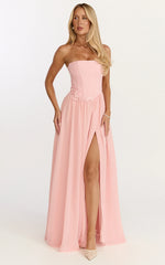 Penny Maxi Dress - Strapless Corset Bodice Floral Embellished Dress in Soft Pink