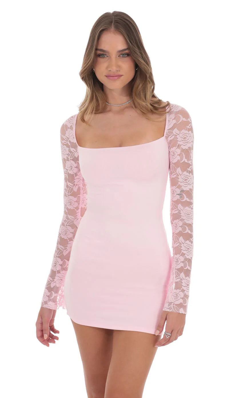 Lace Long Sleeve Bodycon Dress in Maroon