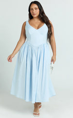 Beckett Midi Dress - Scoop Neck Drop V Waist Gathered Skirt Dress in Blue