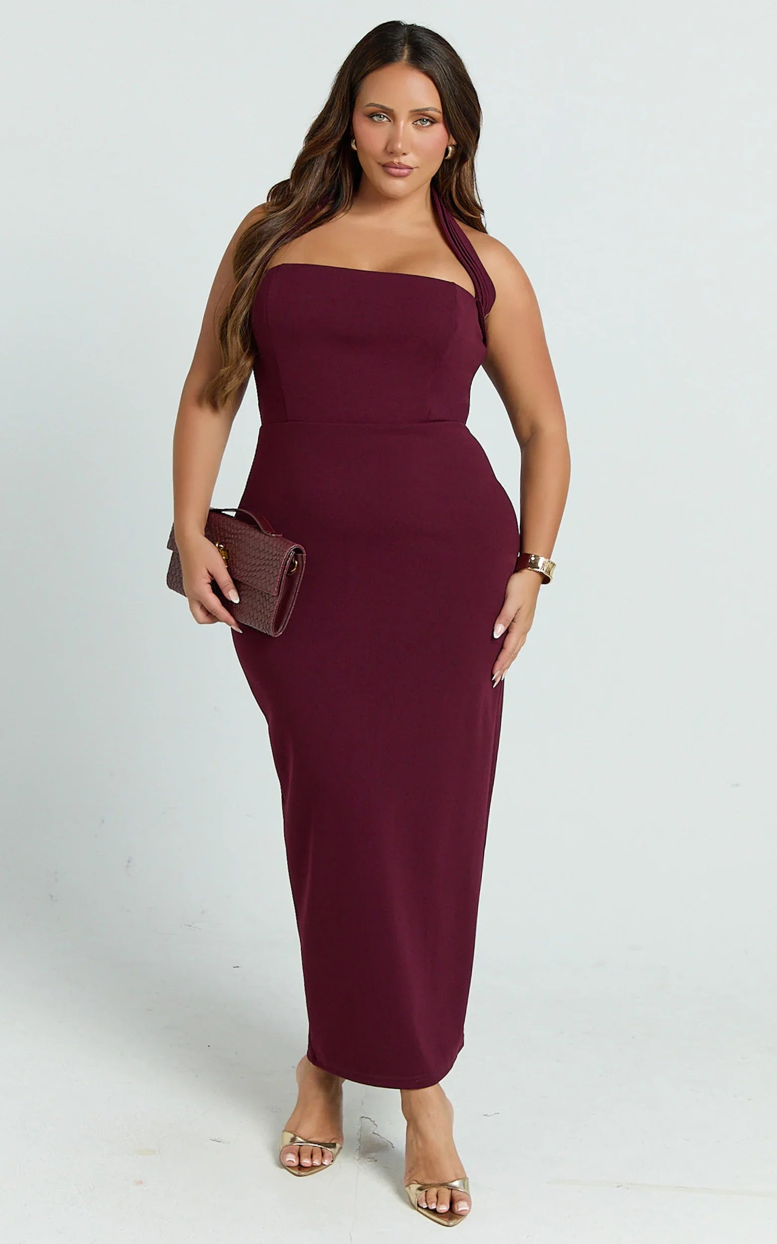 Salome Midi Dress - Halter Neck Column Dress in Wine