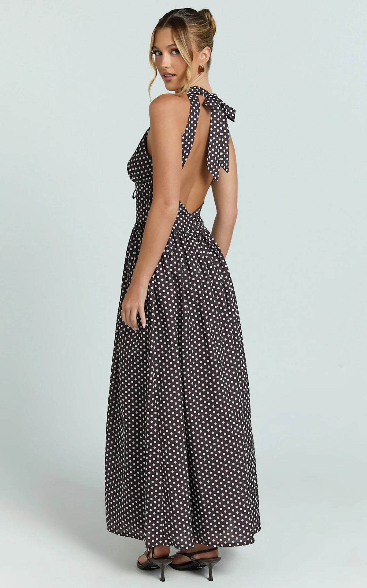 Abby Midi Dress - Neckline Dress in Chocolate Polkadot