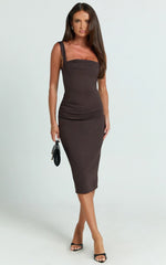 Tiffy Midi Dress - Square Neck Ruched Bodycon Dress in Chocolate