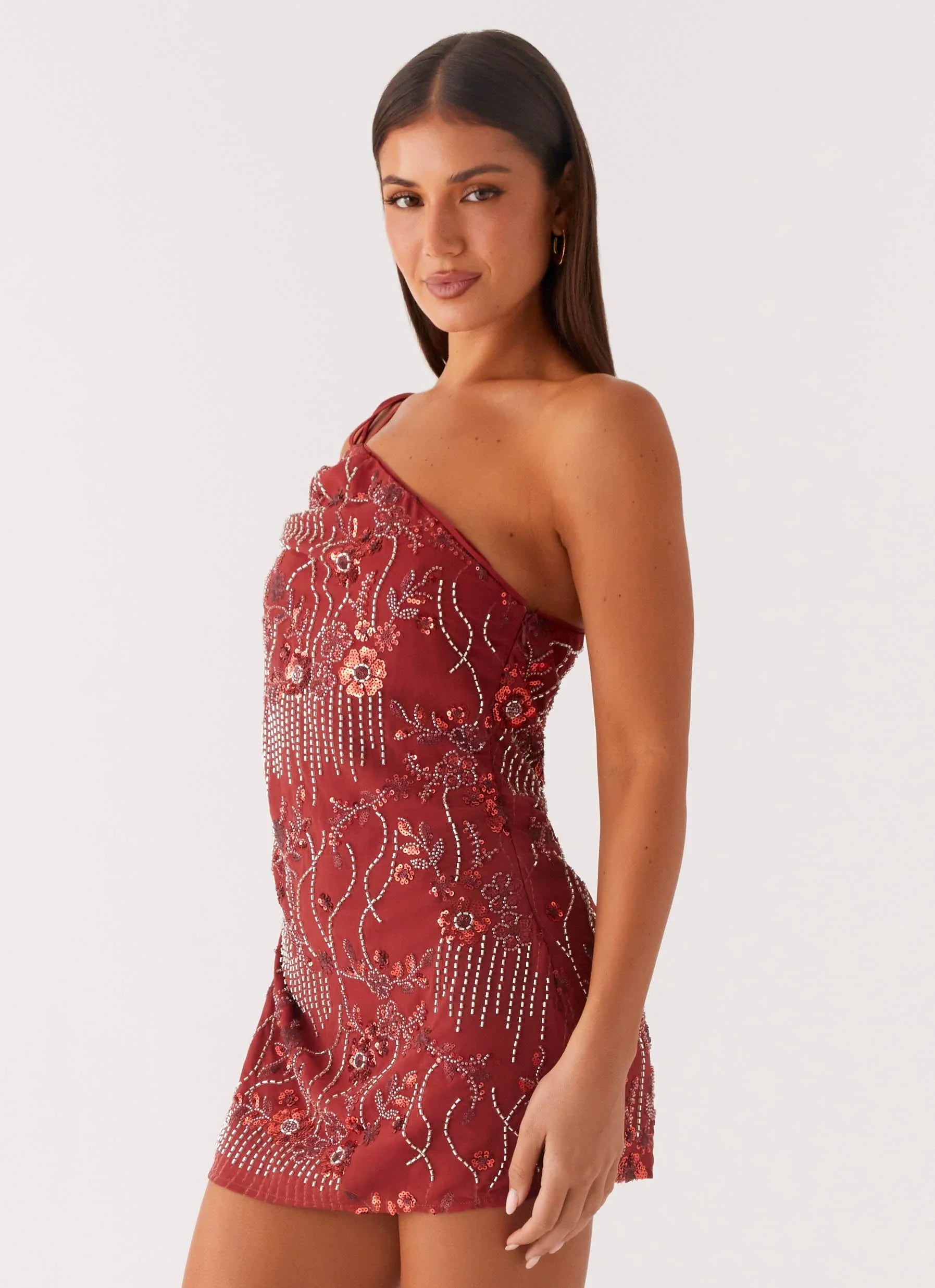 Temptational Beaded One Shoulder Mini Dress - Rust