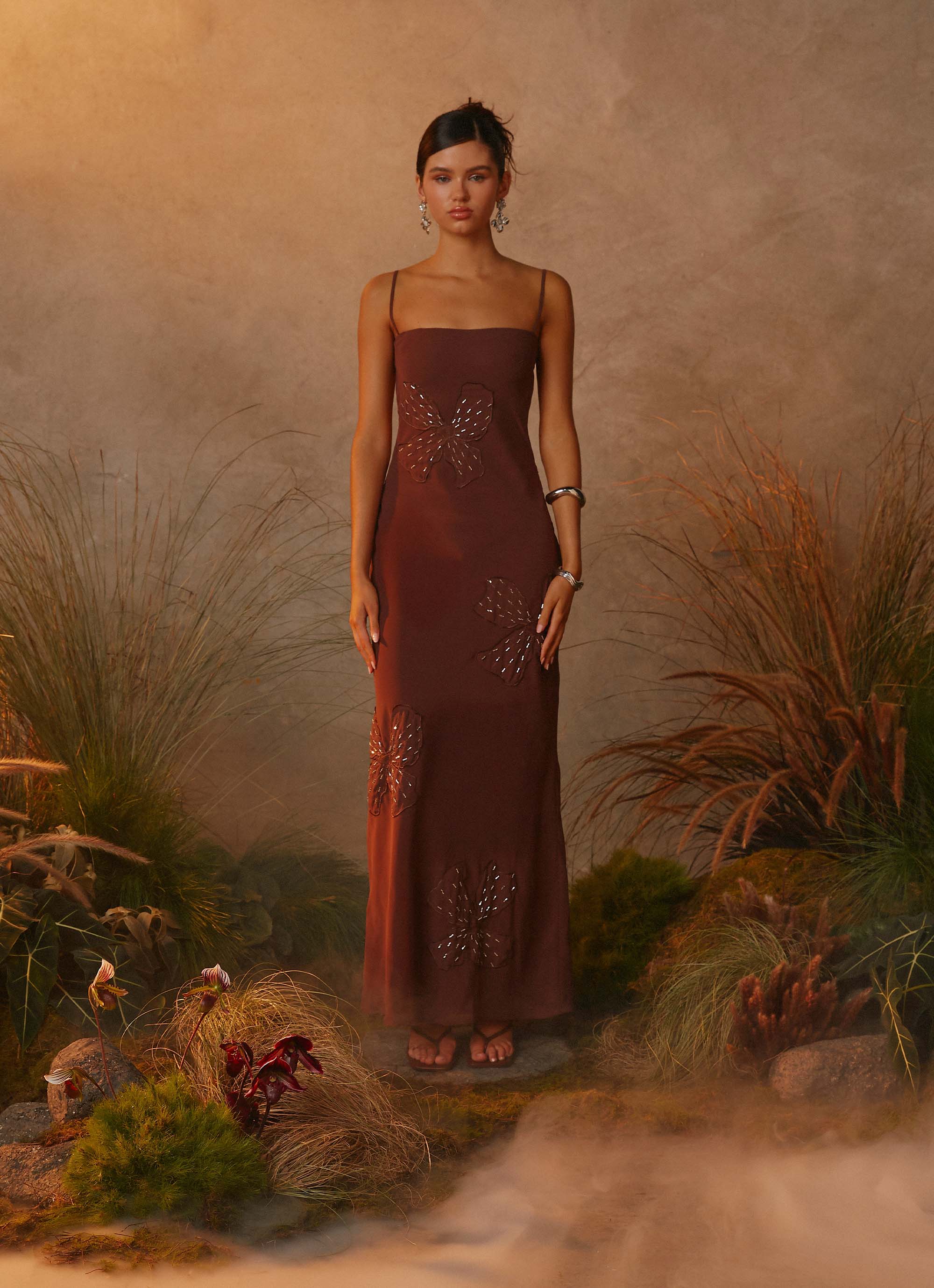 Bayla Beaded Flower Maxi Dress - Chocolate