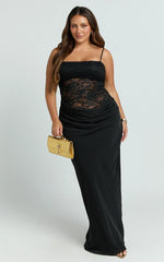 Rania Maxi Dress - Contrast Lace Bodice Bias Cowl Drop Waist Dress in Black
