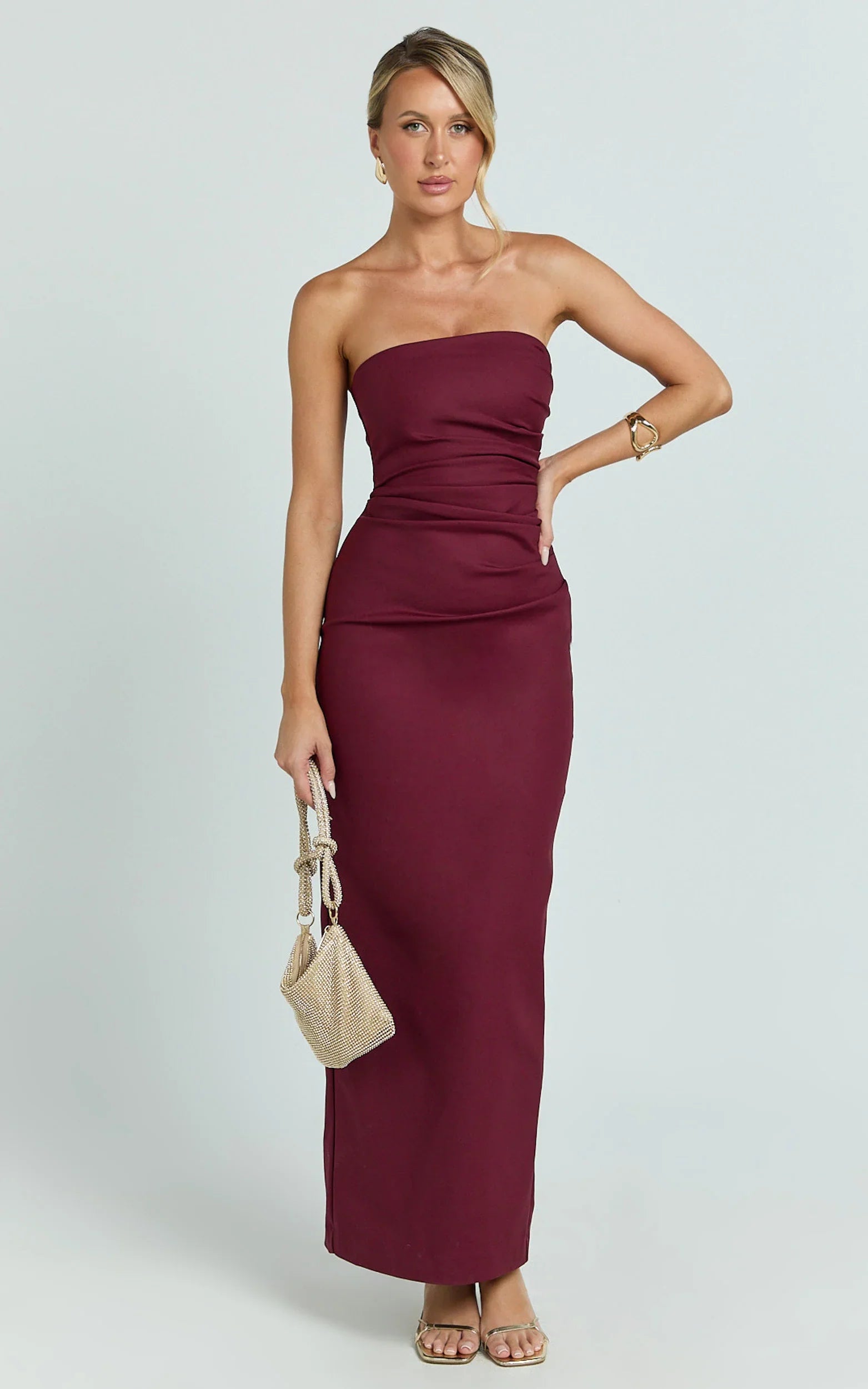 Jamie Maxi Dress - Strapless Ruched Fitted Column Dress in Wine