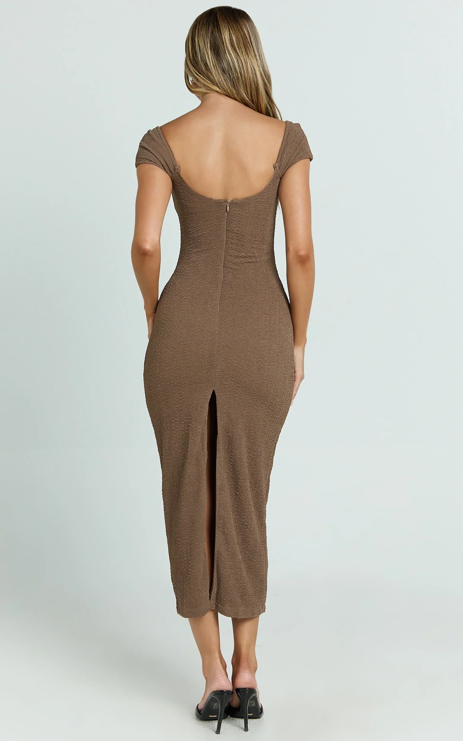 Elia Midi Dress - Cap Sleeve Sweetheart Underwire Fitted Dress in Brown