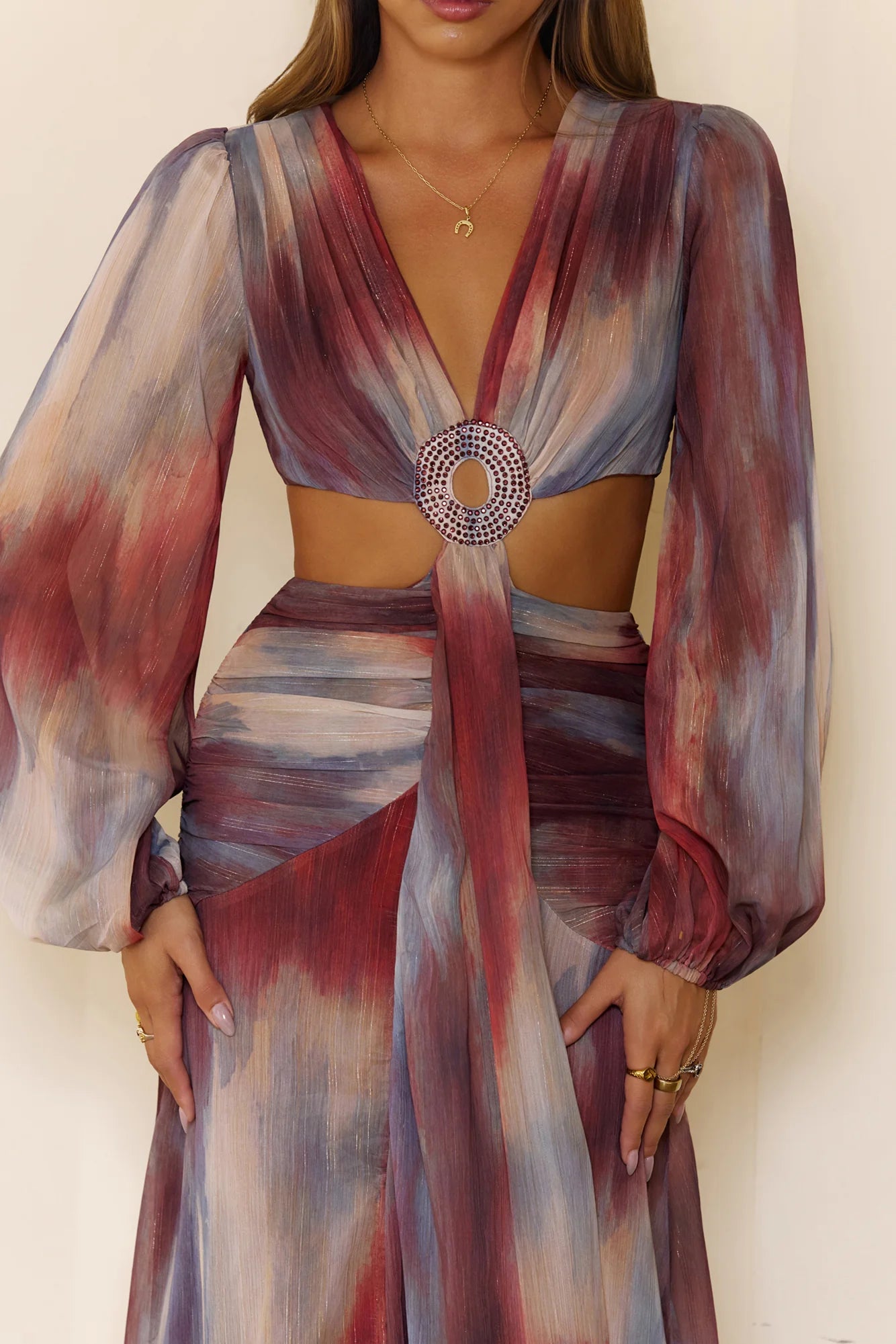 Shimmering Horizon Cutout Long Sleeve Maxi Dress Multi