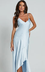 Ylona Maxi Dress - Asymmetric Draped Bias Cut Satin Slip Dress in Ice Blue