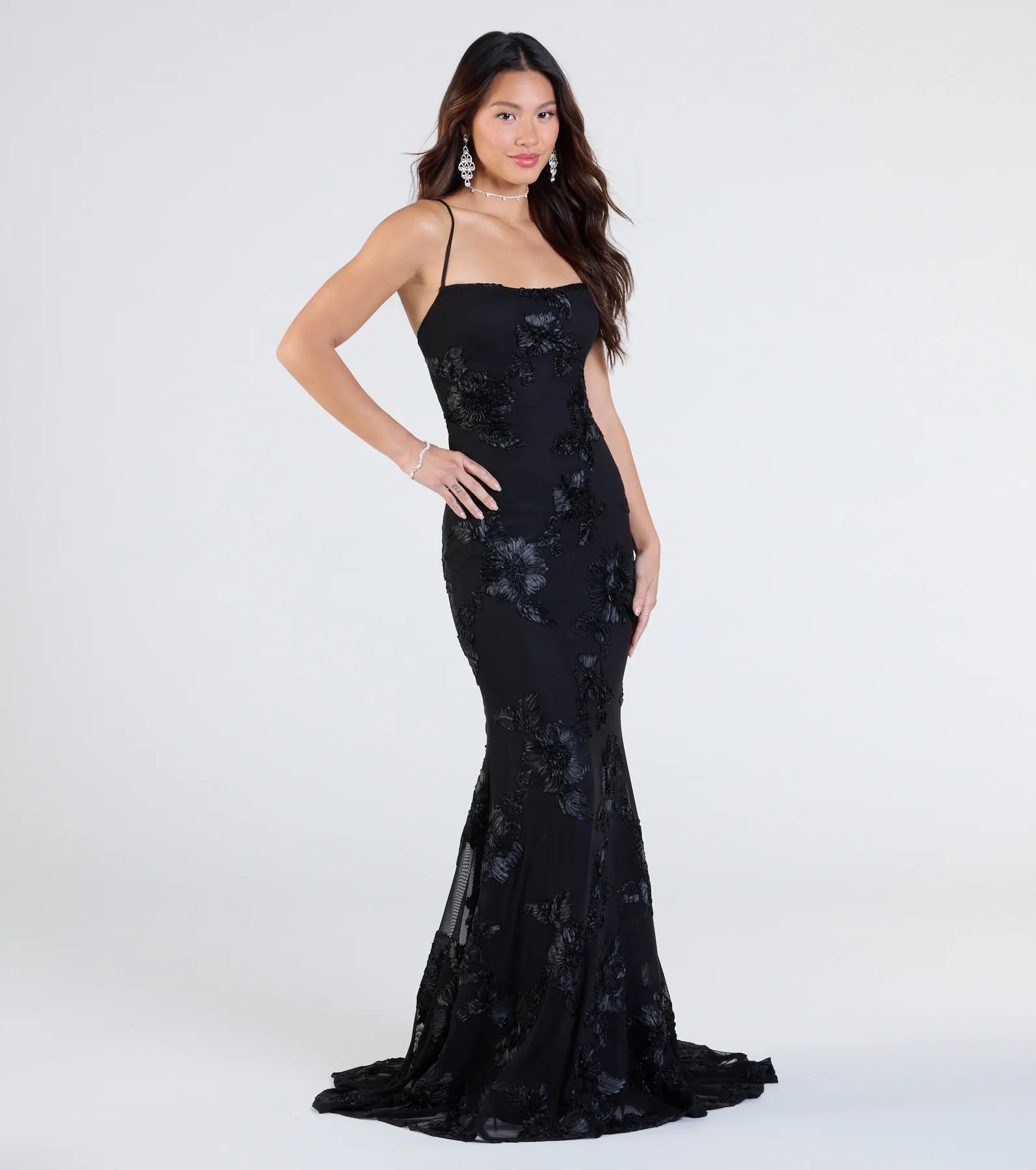 Gabi Lace-Up Floral Trim Mermaid Formal Dress