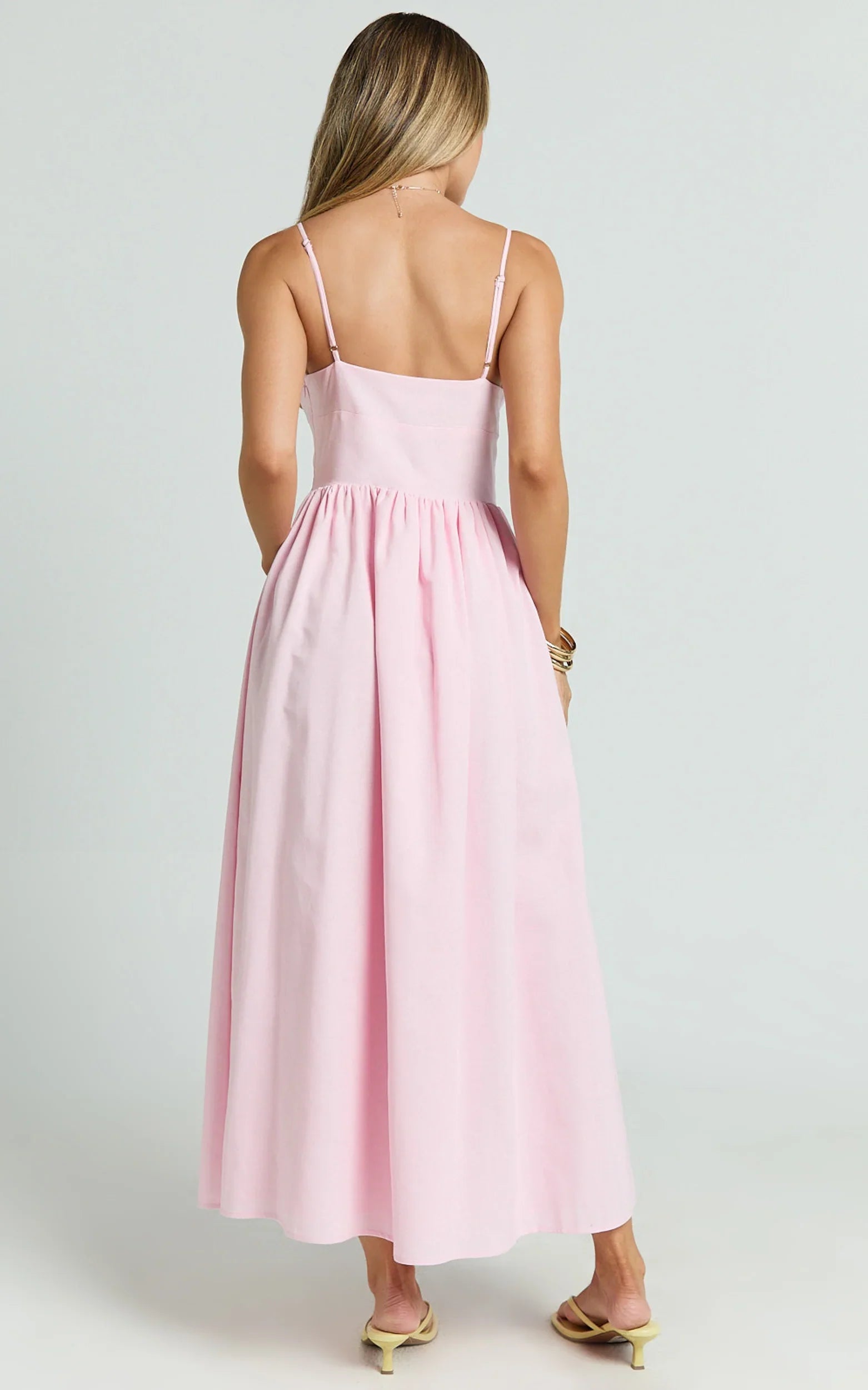 Morris Midi Dress - Linen Scoop Neck Gathered Dress in Pink