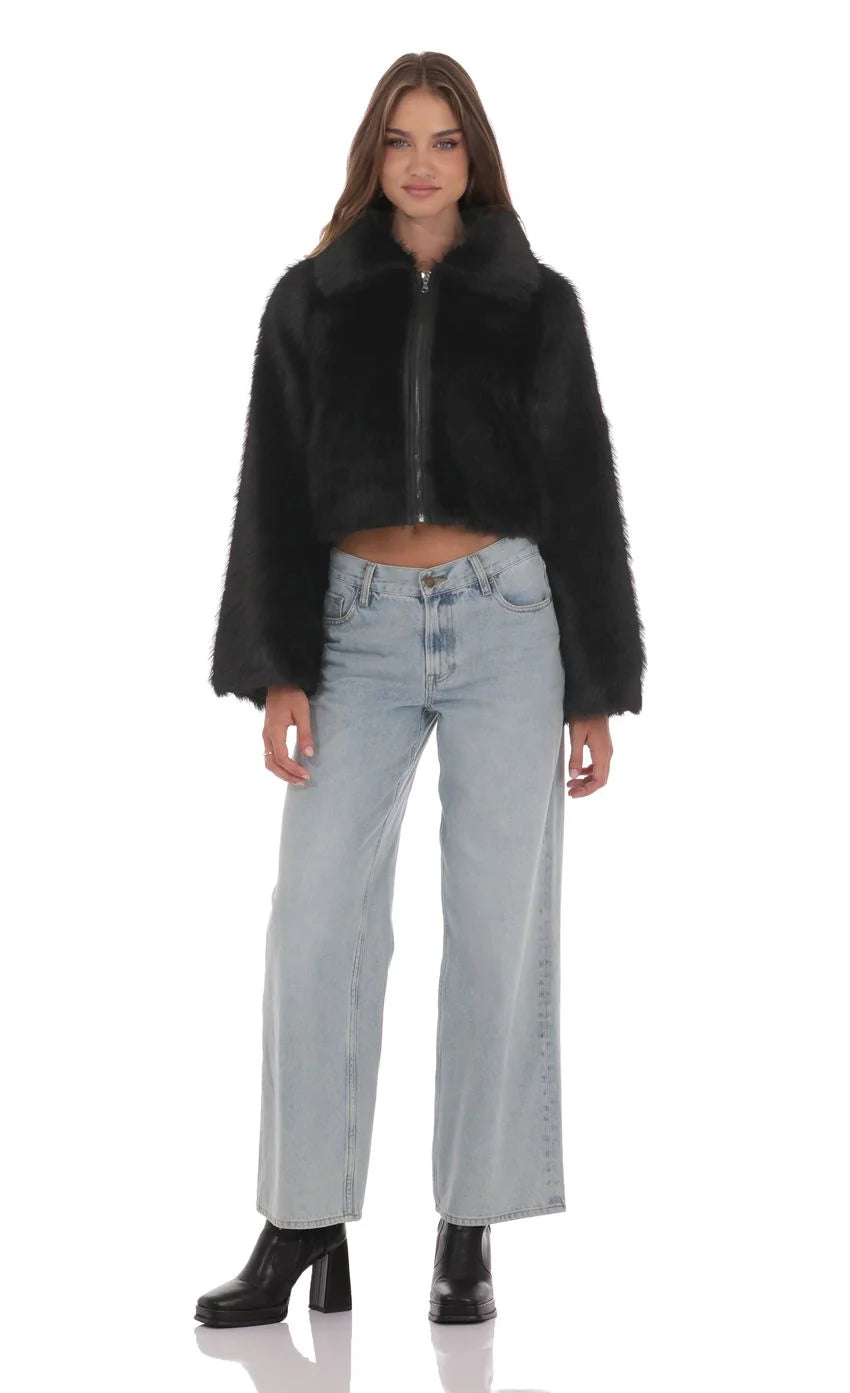 Faux Fur Cropped Jacket in Black
