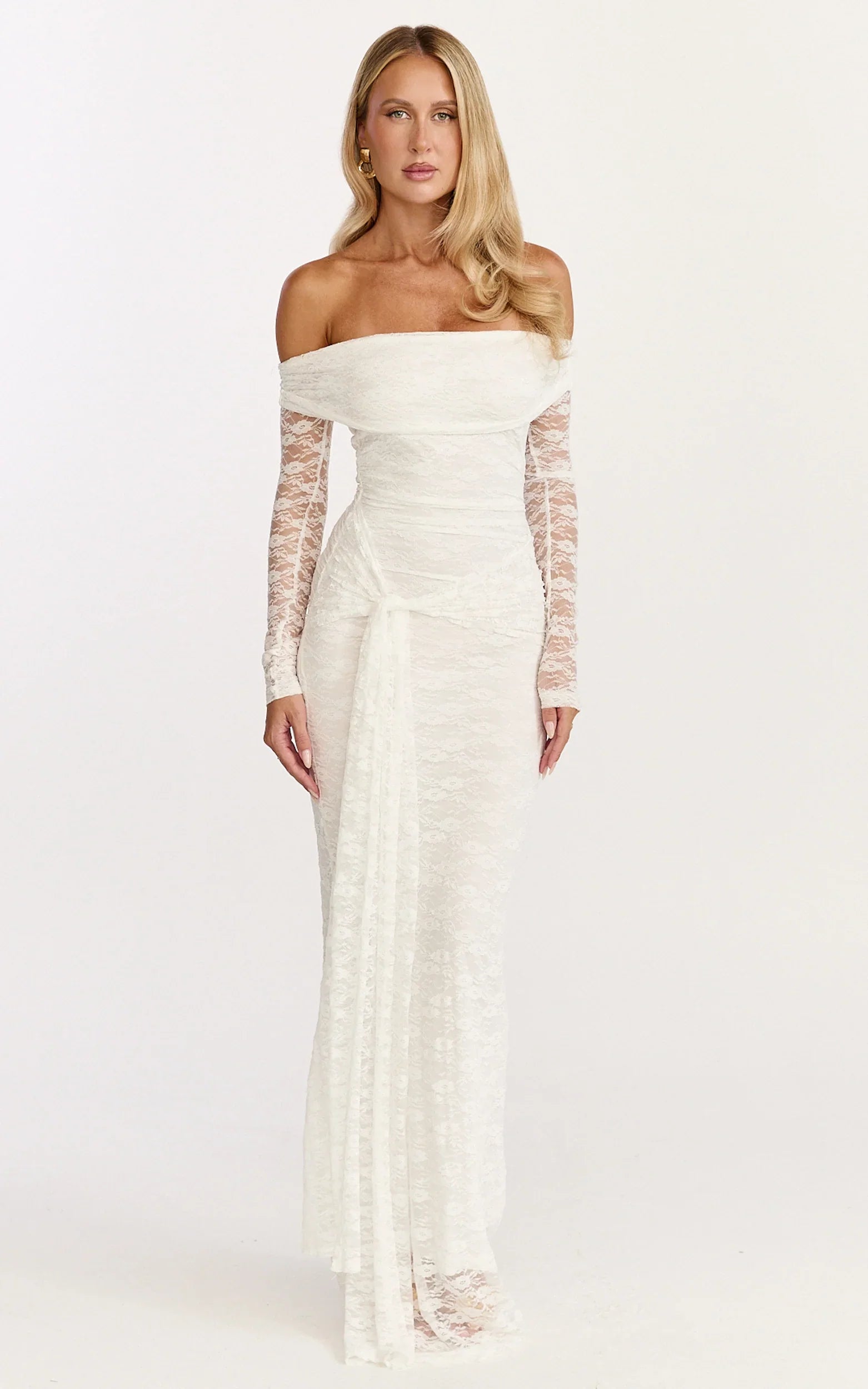 Melville Maxi Dress - Off Shoulder Long Sleeve Lace Dress in White