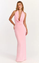 Sylvana Maxi Dress - Cowl Halter Neck Bodycon Dress in Baby Pink