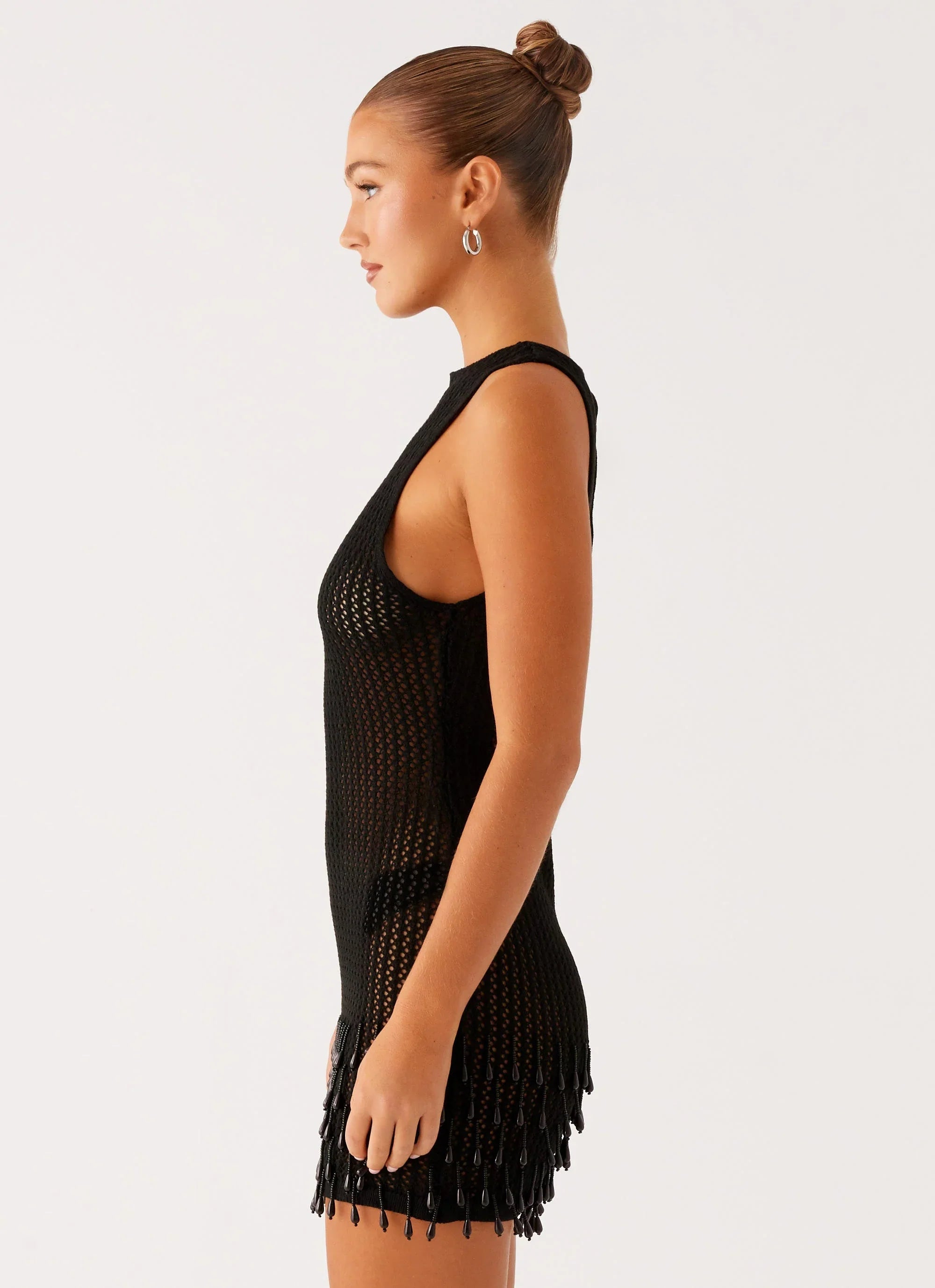 Miracle Beaded Crochet Mini Dress - Black